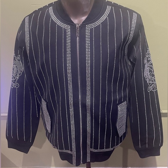 Barabas Black Beaded studded Bomber Jacket modern fit - Picture 1 of 5